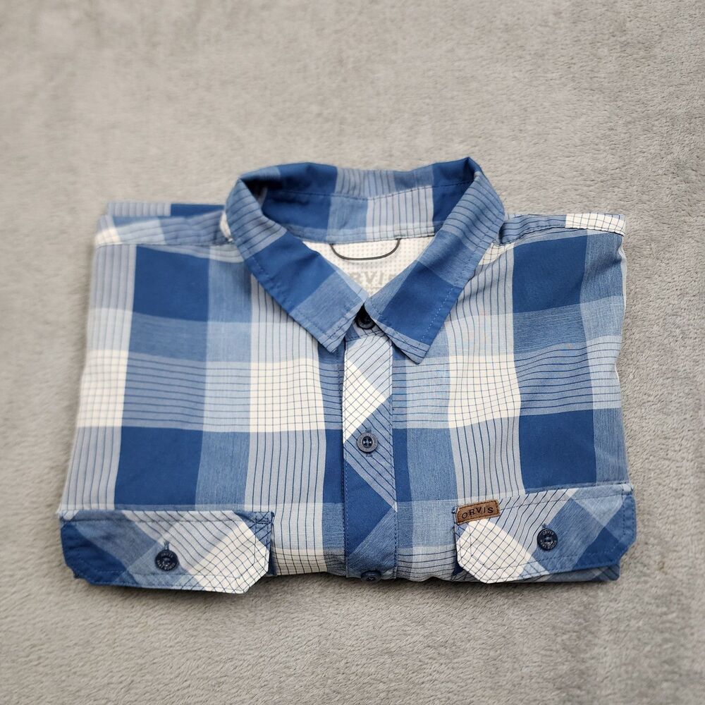 Orvis Mens L Blue Plaid Short Sleeve Button Up Shirt Lightweight Polyester Wear